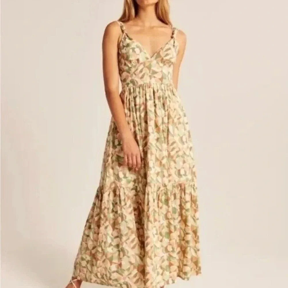 Abercrombie & Fitch Knotted Strap Maxi Dress Size XS Abstract Tiered Cotton Boho